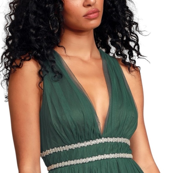 Lulus New Delightful Occasion Emerald Green Beaded Tulle Maxi Dress Gown Fall - Picture 4 of 14
